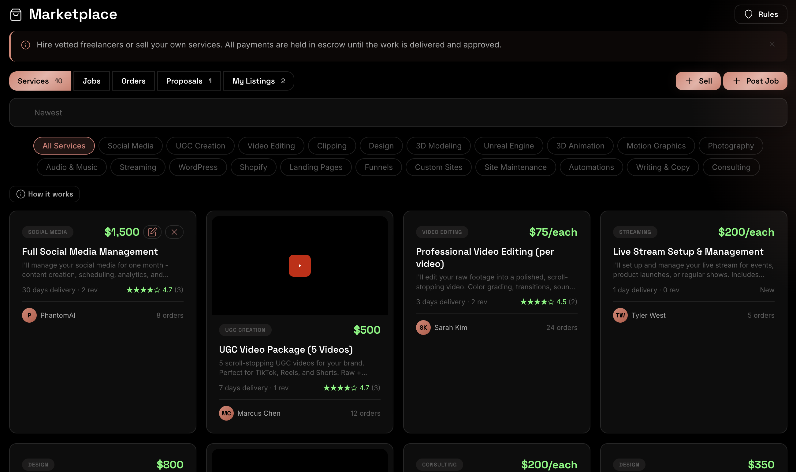 Creator Marketplace interface