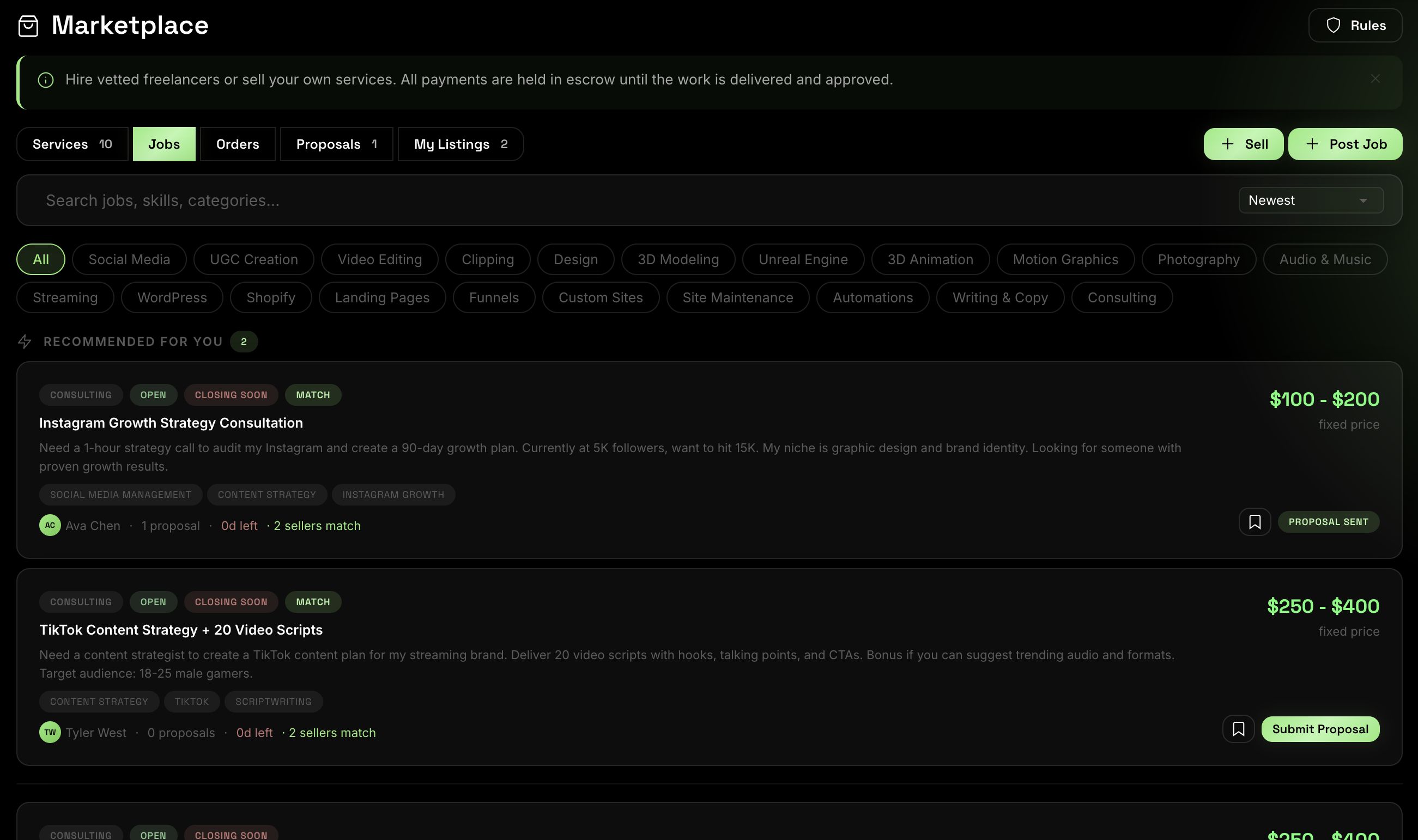 Marketplace job board - post jobs and receive proposals